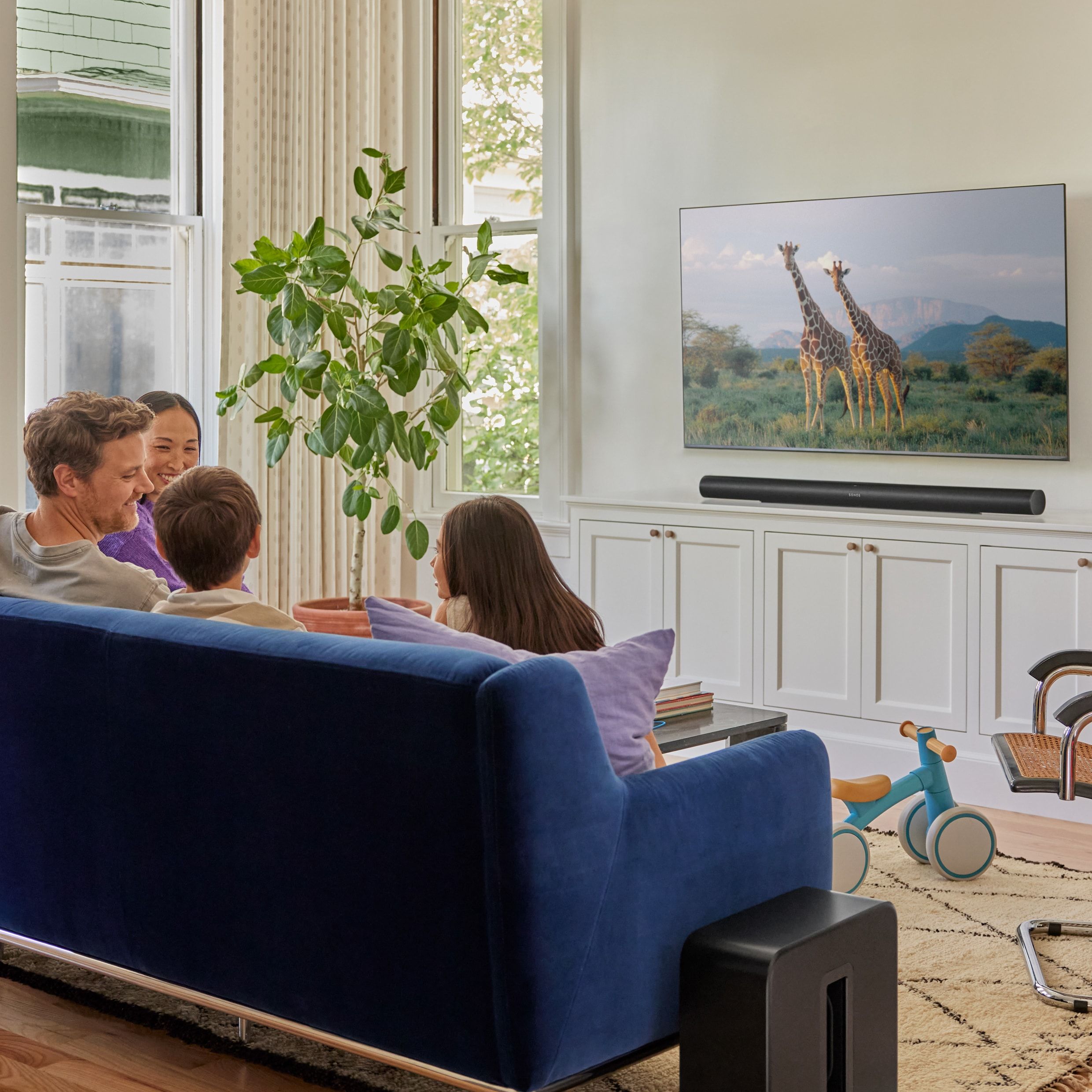 Family gathered on a blue sofa watching a large TV showing two giraffes in a savanna.