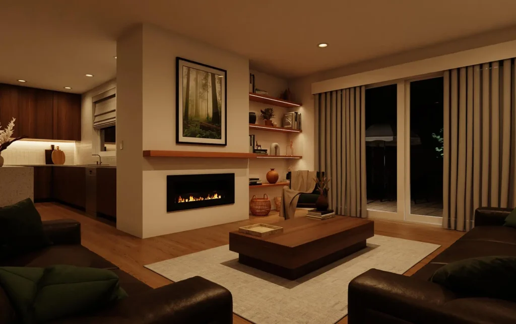 Evening living room with recessed lighting that follows the day